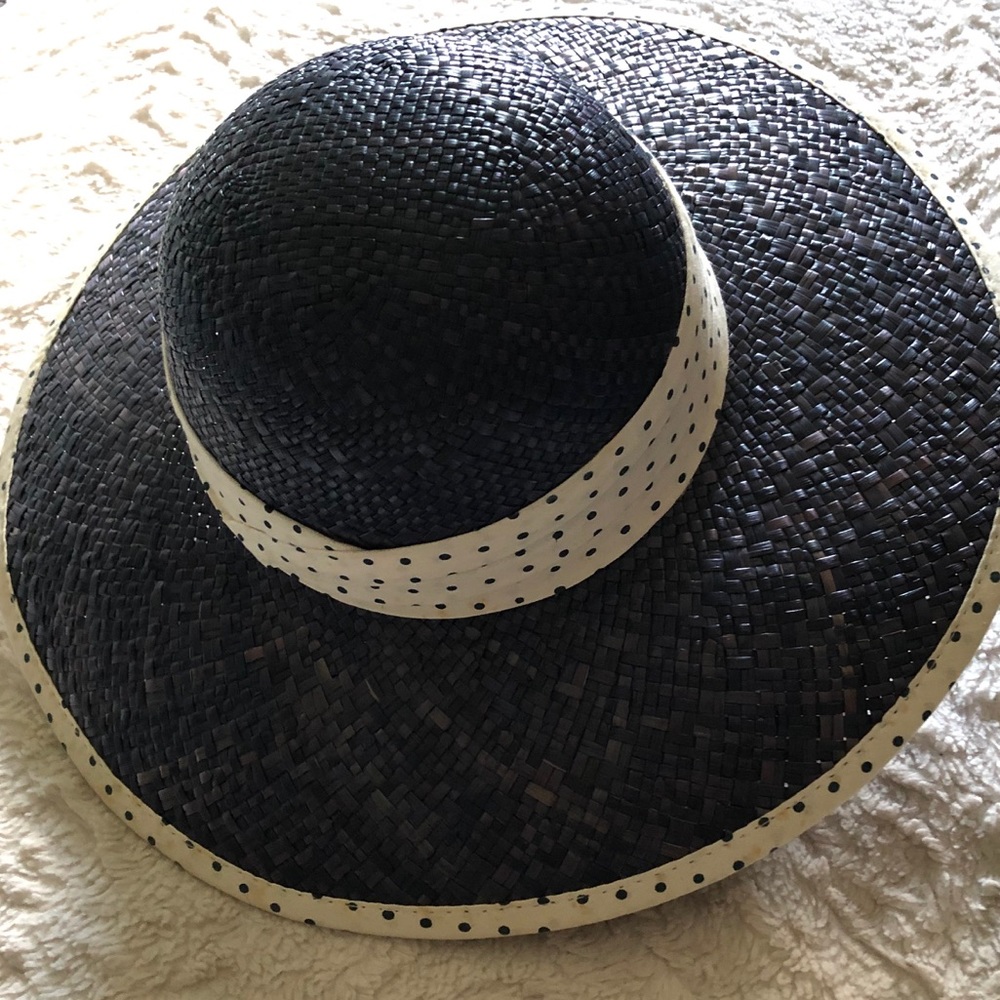 Navy Blue & white/cream polka dot Straw hat
